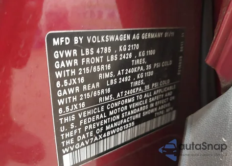 2011 Volkswagen Tiguan S z USA, uszkodzony, nr VIN WVGAV7AX4BW001335